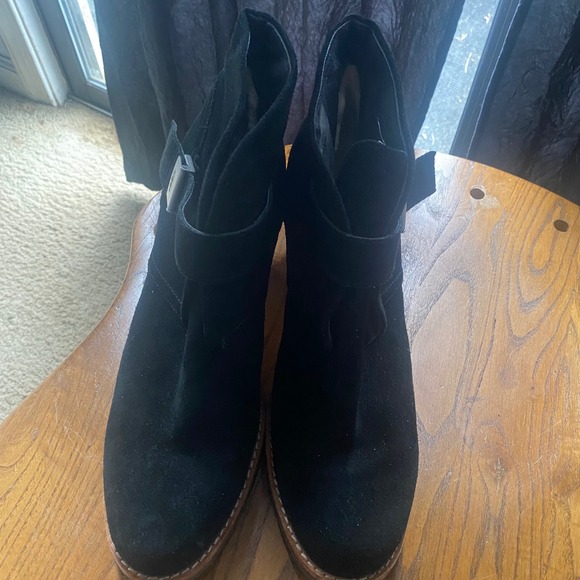 UGG Shoes - UGG Black Suede Block Heel‎ Ankle Boots Buckle Detail Women's Size 12